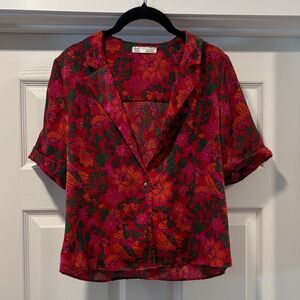 Zara Red and Green Floral Button Down Shirt